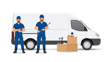 Pair of workers in blue workwear carrying tools and supplies, standing beside a service van, emphasizing professionalism in delivery services
