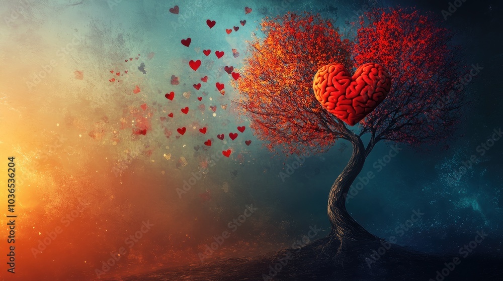 Poster a tree with branches representing a brain and flowing heart-shaped elements, visualizing the connect