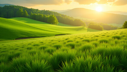 Obraz premium Serene meadow landscape at sunset with lush green grass and gentle hills in natural colors 