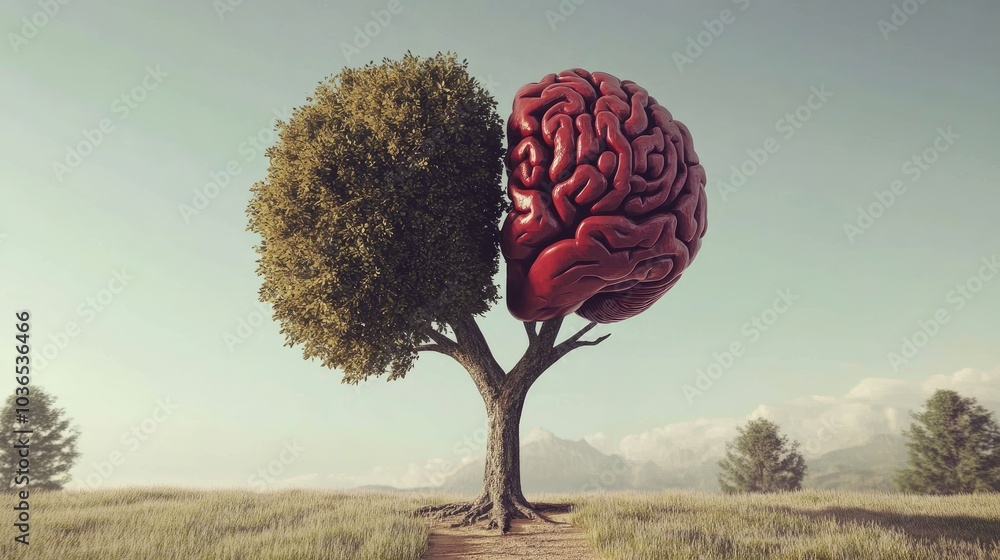 Poster a tree with elements resembling both the brain and heart, capturing the balance between intellect an