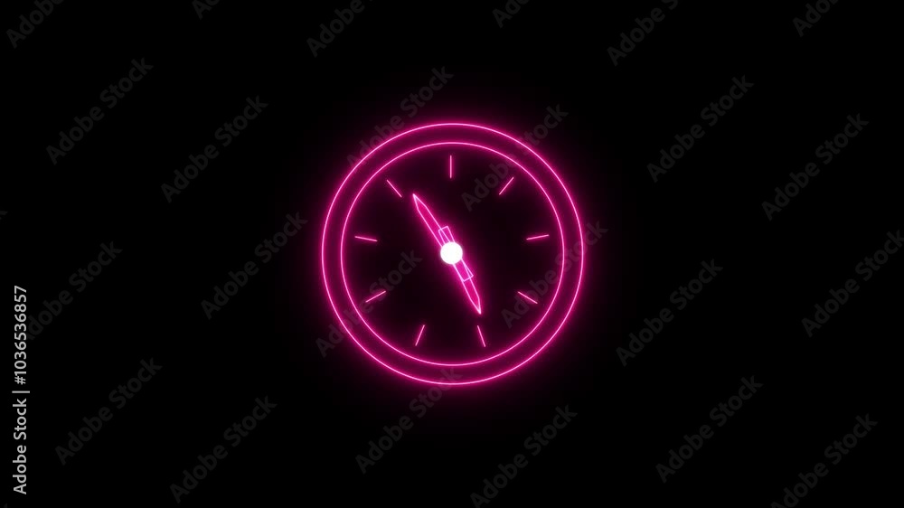 Poster glowing neon circle in blue color clock animation icon dial watch hours timer animated on black back