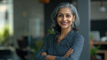 Portrait of a successful business leader indian woman Standing confidently with arms crossed and shows a happy face in the office lightly