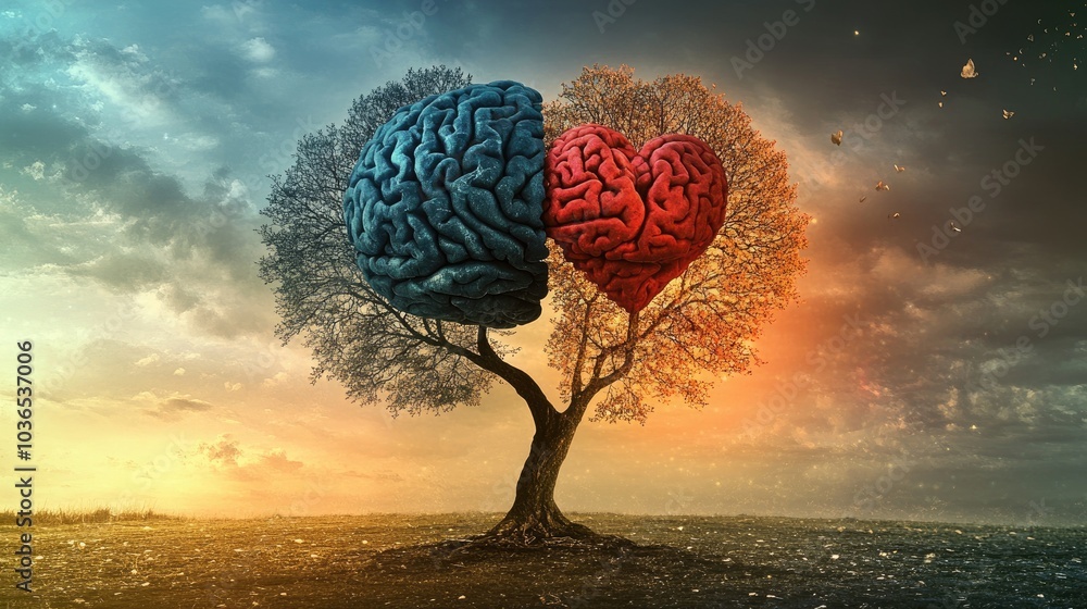 Poster a tree with elements resembling both the brain and heart, capturing the balance between intellect an