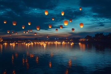 Lanterns Rising into the Night Sky in Yi Peng Festival