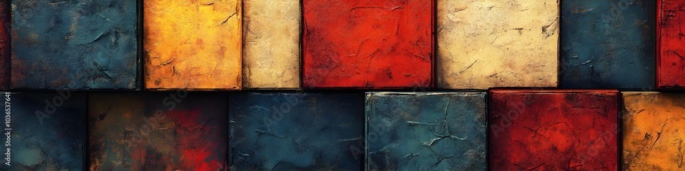 Poster vibrant abstract textured geometric background with interlocking squares in warm and cool tones