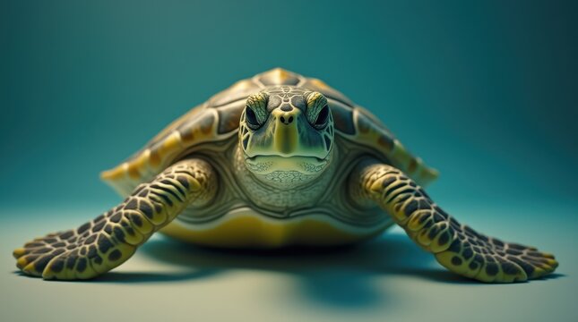 A green sea turtle positioned as if it's swimming gently toward the camera its head and flippers ill
