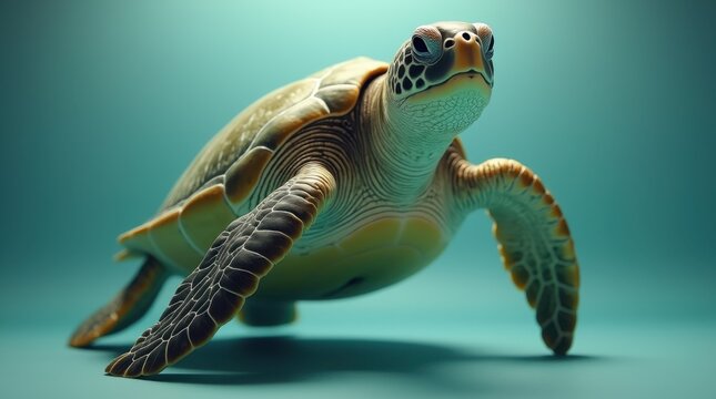 A green sea turtle positioned as if it's swimming gently toward the camera its head and flippers ill