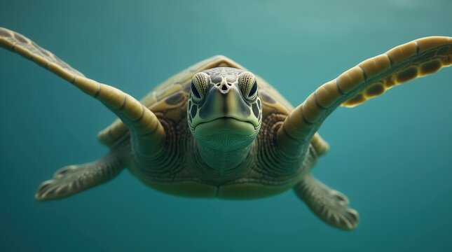 A green sea turtle positioned as if it's swimming gently toward the camera its head and flippers ill