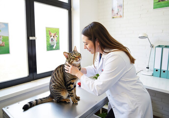 Female Veterinarian Gently Examining Tabby Cat on Veterinary Table in Bright, Professional Clinic with Animal Posters and Medical Equipment