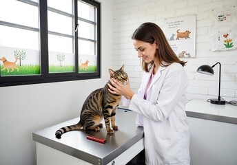Female Veterinarian Gently Examining Tabby Cat on Veterinary Table in Bright, Professional Clinic with Animal Posters and Medical Equipment