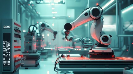 Fototapeta premium Robotic vision sensor camera system in intellegence factory,manufacturing industry for industry 4.0 and technology concept.
