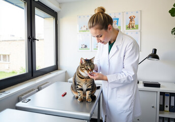 Female Veterinarian Gently Examining Tabby Cat on Veterinary Table in Bright, Professional Clinic with Animal Posters and Medical Equipment