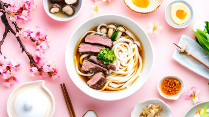 Japanese udon noodles with beef slices and spring onion in broth, surrounded by ingredients and cherry blossoms on a pastel pink background