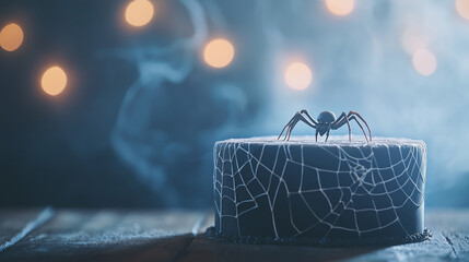 A creative Halloween-themed cake topped with realistic spider decorations and spider webs made of icing, surrounded by creepy elements to set the tone for a hauntingly delicious ce
