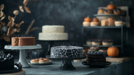 A spooky display of Halloween cakes decorated with intricate web designs and edible spiders, set against a dark backdrop to enhance the eerie atmosphere perfect for the festive sea