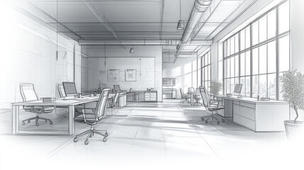 A modern office with line drawings.