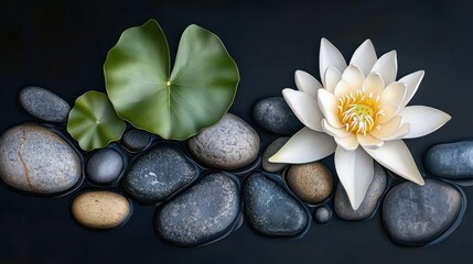 Fototapeta premium Serene arrangement of smooth stones with a white lotus flower and green leaf, symbolizing tranquility and balance.