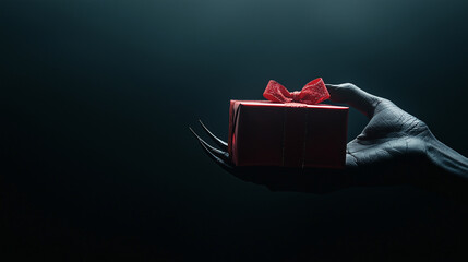 A striking image of a black hand with sharp claws gripping a gift box, set against a dark background with dramatic lighting that emphasizes the eerie contrast between the sinister