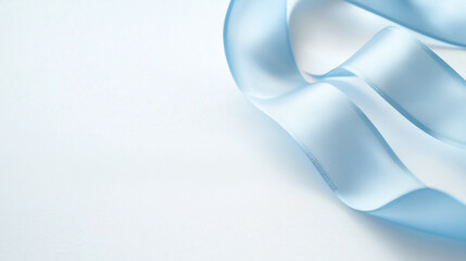 A graceful image of blue satin ribbons elegantly flowing on a crisp white background, beautifully highlighted by soft lighting that emphasizes the silky texture and rich color cont