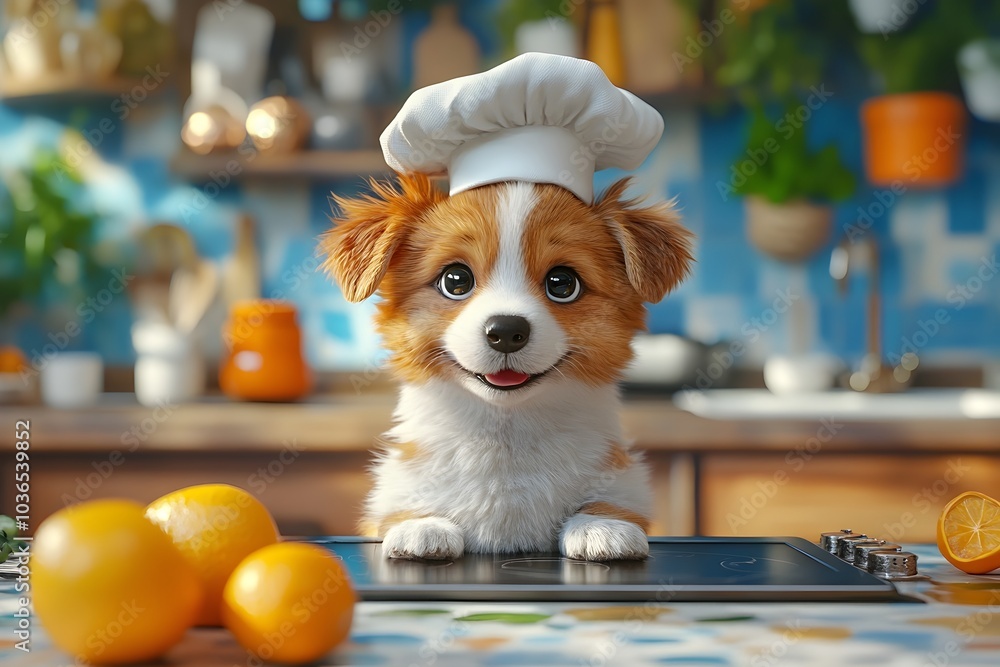 Wall mural Playful Puppy Wearing Chef s Hat Rolling Eyes in Vibrant 3D Kitchen Scene