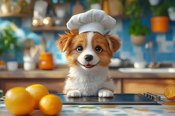 Playful Puppy Wearing Chef s Hat Rolling Eyes in Vibrant 3D Kitchen Scene