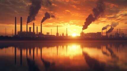 Obraz premium Silhouette of an industrial complex with smoke stacks spewing pollution into the sky at sunset. The reflection of the factory is visible in the water in front.