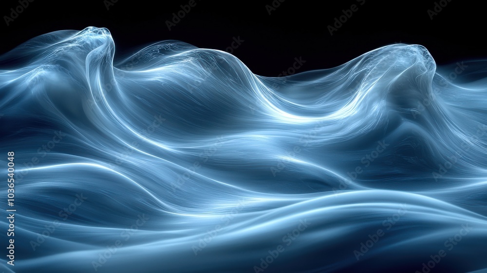 Poster ethereal blue waves flow in a dark background, creating a serene and calming visual experience at ni