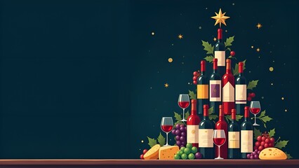 Festive concept of wine and cheese products with space for text. Christmas tree made of wine bottles with cheese, red and white grapes, wine glasses on a black background. Watercolor