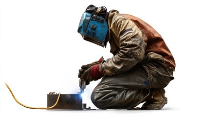 Skillful factory worker welding metal parts Isolated on white background