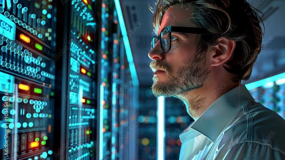 Poster a technician in a white shirt examines glowing server racks in a high-tech data center, surrounded b