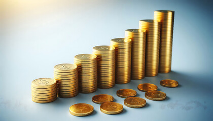 Stacks of gold coins in decreasing order, representing financial growth or savings concept on a white and light grey background