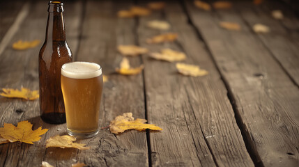 A close-up view of a beer bottle and glass on a rustic wooden table, accented by yellow leaves, set against a dark background, offering a perfect canvas for adding personalized tex