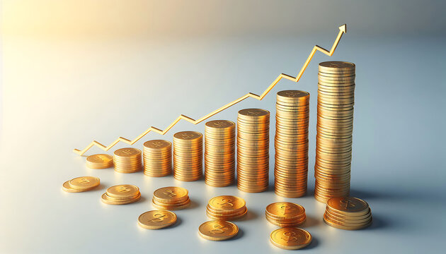 Stacks of gold coins in decreasing order, representing financial growth or savings concept on a white and light grey background