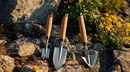 Three Garden Tools Resting on Rocks and Yellow Flowers