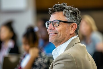 Obraz premium Professional Man in Glasses Smiling During Business Meeting in Modern Office Setting