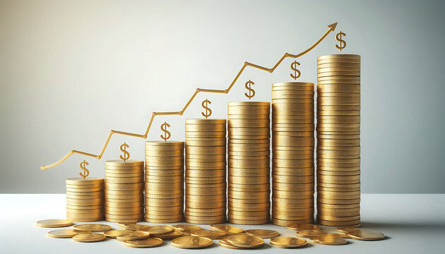 Stacks of gold coins in decreasing order, representing financial growth or savings concept on a white and light grey background
