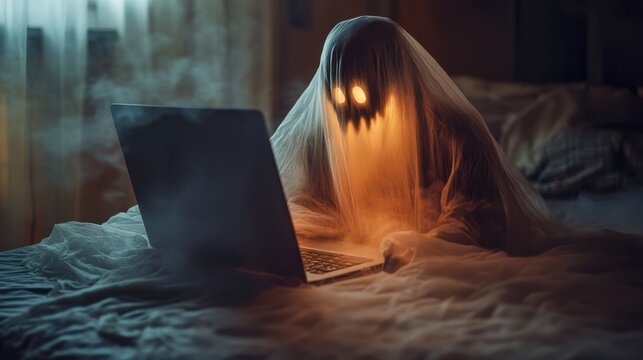 Spooky Halloween Ghost Work on Laptop