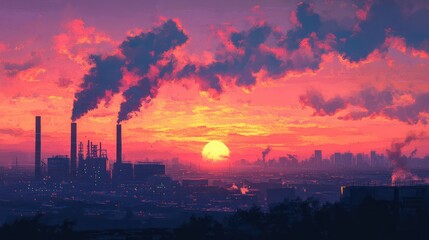 Fototapeta premium Sunset silhouetting smokestacks, industrial skyline with pollution over a vibrant sky. Industrial sunset with smoking stacks against the sky.
