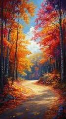 Obraz premium Autumn Forest Path Painting - Vibrant Colors and Sunlight