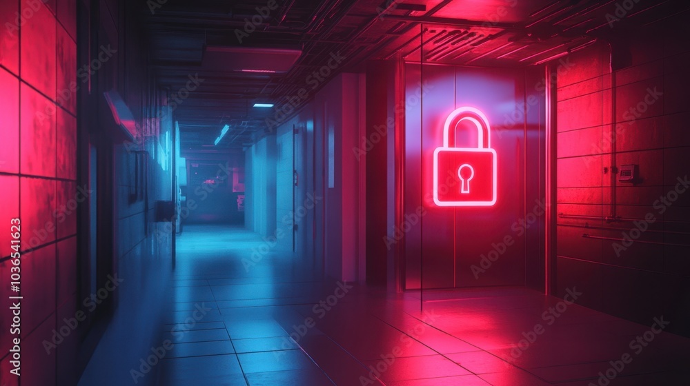 Poster digital padlock icon floating in a high-tech environment, showcasing advanced security in the digita