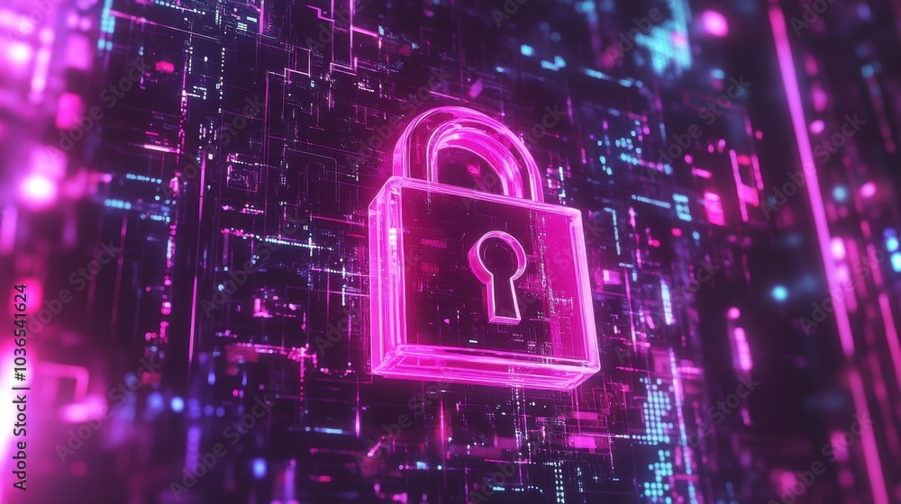 Poster digital padlock icon floating in a high-tech environment, showcasing advanced security in the digita