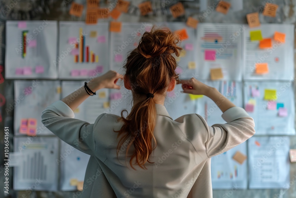 Poster creative professional analyzing data on a wall covered with colorful charts and sticky notes in a mo