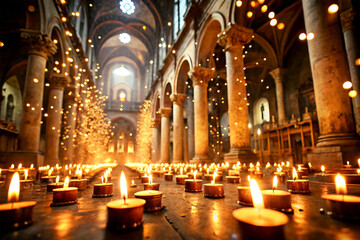 A dimly lit nave, where flickering candles illuminate the dust motes dancing in the air.
