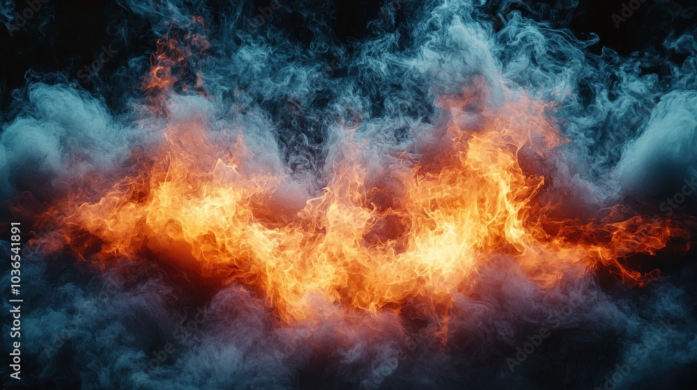 Poster vibrant flames emerge from swirling smoke, creating a dynamic display of light and movement in a dar