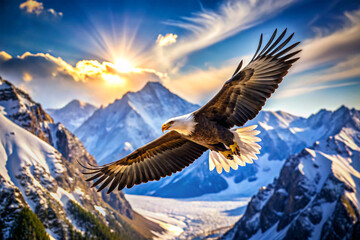 Fototapeta premium Majestic eagle soaring over a mountain range.