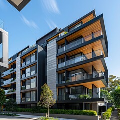 Obraz premium Modern apartment buildings on a sunny day with a blue sky.