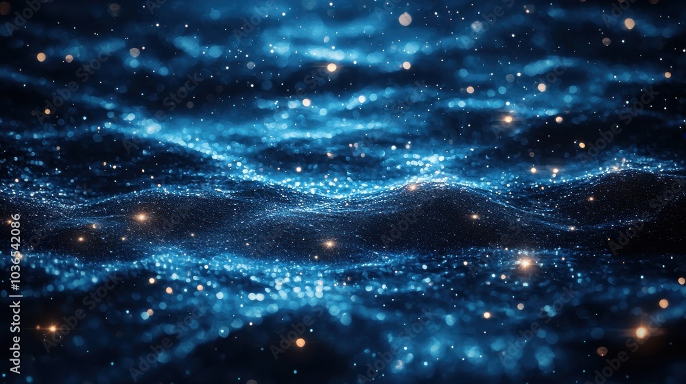 Poster a serene view of ocean waves illuminated by shimmering lights during the night, creating a magical u