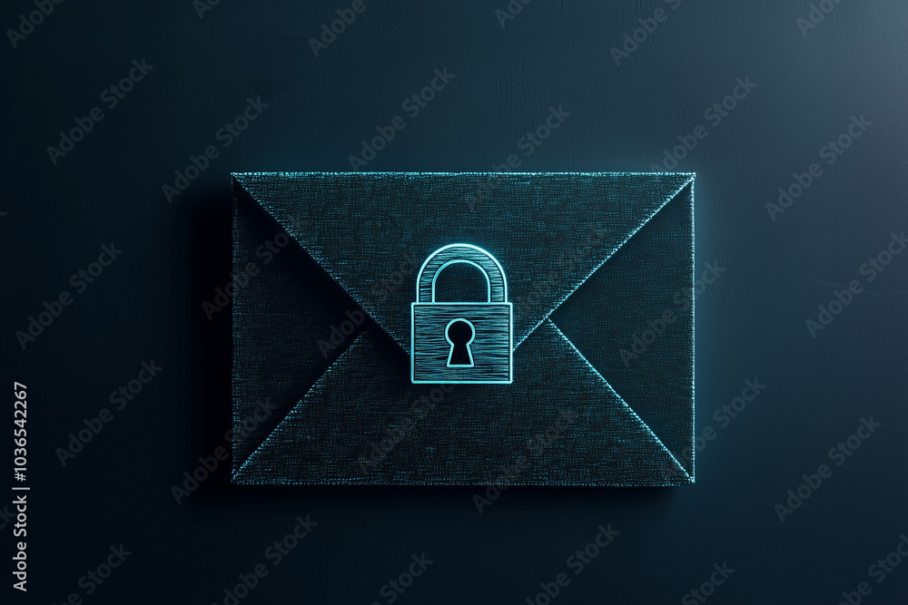 Poster an encrypted email icon in a modern, flat design, featuring a sleek envelope with a detailed lock sy