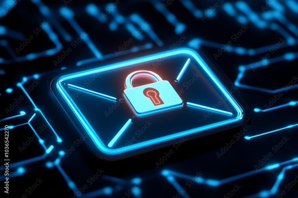 Poster an encrypted email icon in a modern, flat design, featuring a sleek envelope with a detailed lock sy