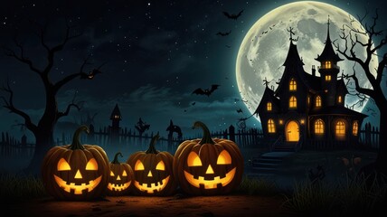 Fototapeta premium A spooky Halloween scene with a haunted house, pumpkins, a full moon, and bats flying in the night sky.